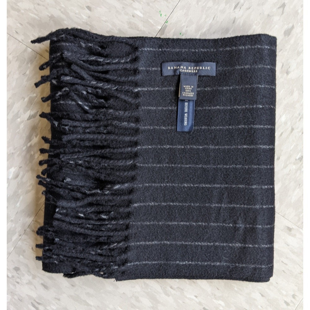 Banana Republic Cashmere Scarf Mens Black Grey Pinstripe Fringe NWOT